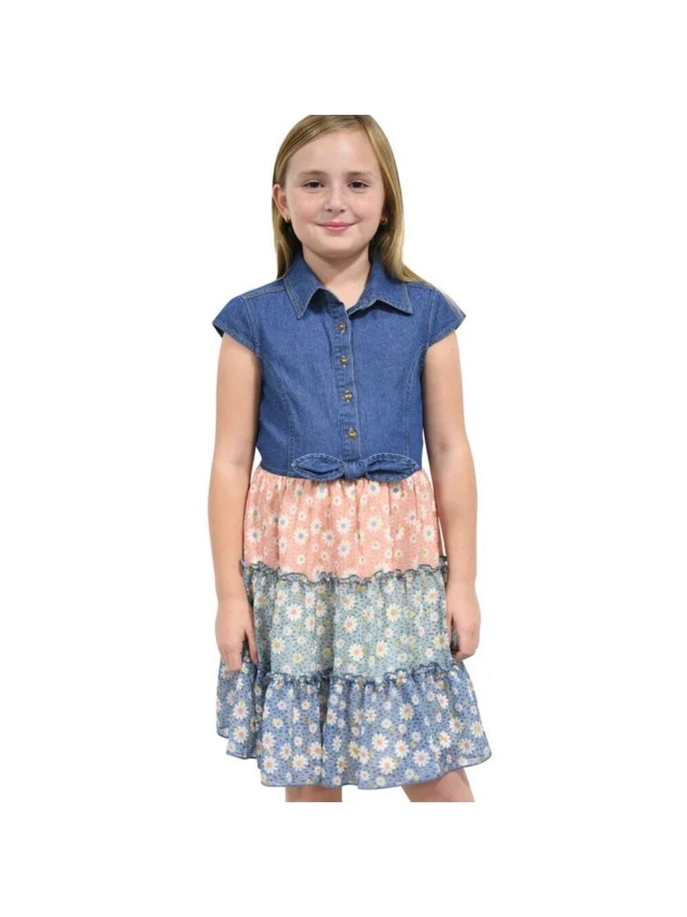 Girls' Denim and Floral Tiered Dress